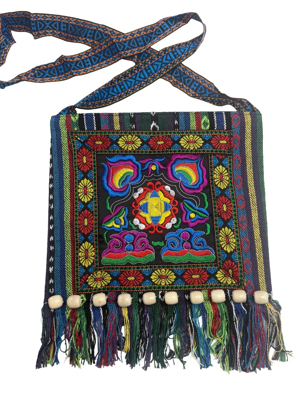 Embroidered Fringe Crossbody Sling Bag Boho Festival Ethnic Beaded Tribal NWOT